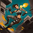 character concept lara croft femme fatale cybernetic implants taking on the world epic comic book art action scene depiction dynamic coloring 2d model drawing very high quality cinematic quality 