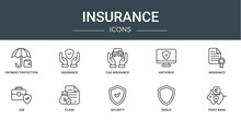 Set Of 10 Outline Web Insurance Icons Such As Payment Protection, Insurance, Car Insurance, Antivirus, Job, Claim Vector Icons For Report, Presentation, Diagram, Web Design, Mobile App