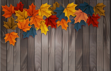 Poster - Autumn nature background with colorful leaves on vintage wooden sign. Vector illustration.