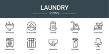 Set Of 10 Outline Web Laundry Icons Such As Washbasin, No Bleaching, Dustbin, Carrier, Do Not Iron, Washing Hine, Hanger Vector Icons For Report, Presentation, Diagram, Web Design, Mobile App
