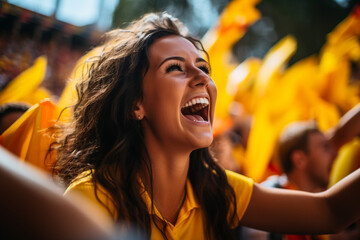 Wall Mural - Female fans of soccer, women on the stand of soccer, supporting their favorite team, emotions joy laughter and shouts of joy and support fan club