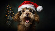 Happy dog in Santa hat, Cute holiday and Christmas card.
