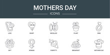 Set Of 10 Outline Web Mothers Day Icons Such As Love, Heart, Necklace, Plant, Ring, Gift, Woman Vector Icons For Report, Presentation, Diagram, Web Design, Mobile App