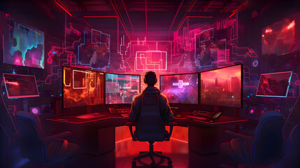 Silhouette of a Hacker at a PC with Multiple Monitors in a Holographic Room: Digital Security Concept