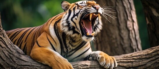 tiger leaning on tree trunk with open mouth and fangs