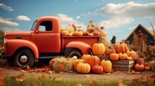 Autumn Harvest: Pickup Truck Full Of Pumpkins - A Charming Autumn Scene With A Pickup Truck Overflowing With Pumpkins, Set Against A Backdrop Of Vibrant Fall Foliage.