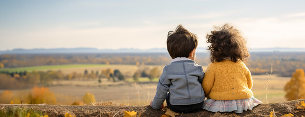 Back view of two toddlers sitting on a dry trunk looking at beautiful autumnal landscape