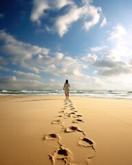 Concept photo of a person walking along the beach, leaving a trail of footprints in the sand. As they get closer to the cross, the footprints become more defined and organized, symbolizing