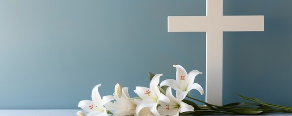 Concept photo of a simple yet striking cross, embellished with lilies that have been carefully p to create a stunning display of Easter symbolism.