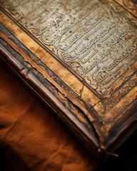 Wall Mural - Closeup of a Zoroastrian scripture, known as the Avesta, with its ornate cover and intricate calligraphy, symbolizing the important role of sacred texts within the ancient Persian religion.