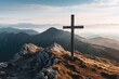 A breathtaking view of a distant mountain range, with a massive wooden cross standing tall on a peak, representing the strength and resilience of hope that can overcome even the greatest