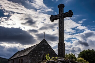 The church cross stands tall and proud, ting through the clouds and seemingly reaching towards the heavens.