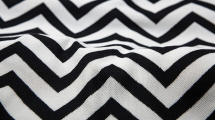 Closeup of a chevron fabric in a classic black and white color scheme. The texture is tightly woven and has a crisp and clean look, making it suitable for professional attire or home decor.