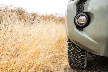 Poster - Truck Front Wheel Low Angle Next to Dry Grass