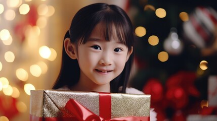 Wall Mural - Smiling Asian little girl holding a Christmas gift box at home.