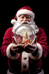 This festive depiction of Santa captures his happiness as he presents a snow globe with a snowy Christmas tree and gifts inside, spreading the joy of the season. (AR 2:3)