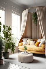 interior design bright cream living room with canopy daybed with ochre curtains two gray armchairs with ochre tweed pillows houseplants photorealistic high detail 