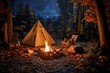 Nighttime autumn campfire and tent in mountain wilderness. Generative AI