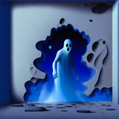 Wall Mural - A Surrealistic modern 3D illustration of a Halloween ghost in blue 