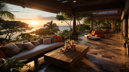 Wall Mural - Tropical villa view with garden and open living room at sunset