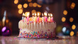 Birthday cake decorated with colorful cream and ten candles,  bright lights bokeh background