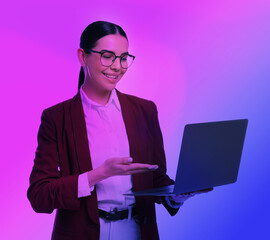 Poster - Beautiful woman with laptop in neon lights