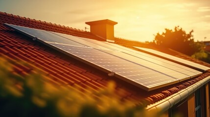 Wall Mural - View of solar panels on house roof with sunlight