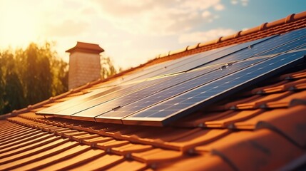 Wall Mural - View of solar panels on house roof with sunlight