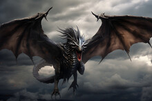 Fierce Fantasy Dragon Flying In The Stormy Sky With Clouds. Tall And Proud With Its Wings Spread Wide. Full Body.