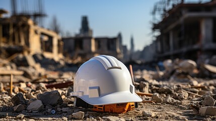 white helmet on construction site and building construction site background