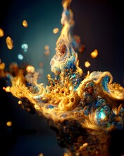 Fiery Exploding Intricate Foamy Ornate Waves Extreme Close Up Bubbles Blue Lighting Gold Lighting Abstract Many Flying Particles Glowing Back Lit Art Station High Chaos Surreal Octane Render Ultra 