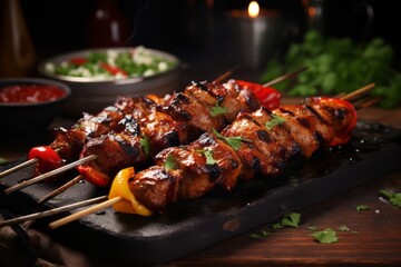 Wall Mural - Appetizing shish kebab on skewers. Traditional American cuisine. Popular authentic dishes. Background