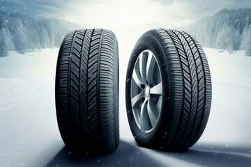 Poster - New car tires on the snow. Background with selective focus and copy space