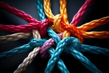 Different Ropes Are Woven Into A Knot. Teamwork Concept. Background With Selective Focus And Copy Space