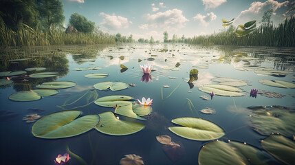 A serene lake into a mesmerizing scene with levitating lily pads and reflective butterflies