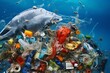 Overhead image of ocean pollution with plastic, debris, and organic waste. Keywords: aerial, garbage, environmental, disaster, plastic, island, pacific, patch, vortex, metals, residues. Generative AI