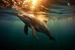 Dolphin swimming under water with shimmering light reflecting off rippling waves on its back. Generative AI
