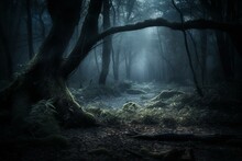 Enchanting Forest In Moonlit Darkness. Generative AI