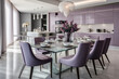 © aicandy - A Serene and Trendy Lilac and Gray Modern Dining Room with Sleek Furniture, Elegant Decor, and Stylish Lighting Fixtures Creates an Inviting and Cozy Atmosphere.