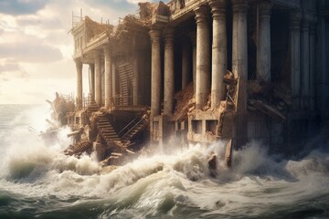  Ocean engulfing urban ruins. Generative AI