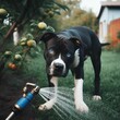 black pitbull with white spots and blue eyes playing with sprinkler in the garden,generative ai