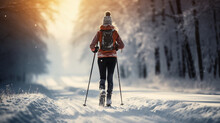 Winter Wonder, Adventurous Young Woman Embarking on a Cross-Country Skiing Journey