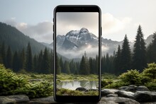 A Mockup Of An Iphone On A White Background, In The Style Of Realistic Landscapes With Soft Edges, Light Silver And Black, Rounded, Digital Illustration, Sparse Backgrounds, Smartphone Footage, Steel/
