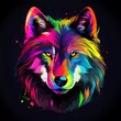 wolf illustration in abstract, rainbow ultra-bright neon artistic portrait graphic highlighter lines on minimalist background