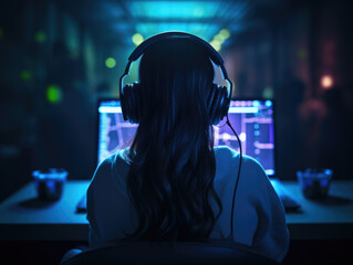 Hacker girl sitting at computer as code streams in the background, silhouette, wearing headphones