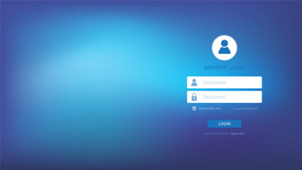 Login form page with simple icons username and password, modern design for website and mobile applications on blue blurred background