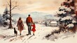 Vintage watercolor  of family  walking in the country snow. Retro 1950s painting of couple and daughter walking during winter sunset.