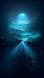 a big blue unexplored planet lanscape infused with lights and sense of wonder with dramatic lighting inside the deep oceanin the backgraund a bg halo with emissive light 