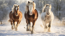 Three Horses Are Running In Winter With Snow