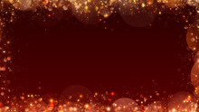 Christmas Frame With Gold Particles And Snowflakes On Red Background With Copy Space.